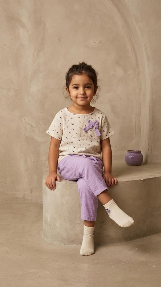 Summer two-piece set – with soft lavender print and cool muslin fabric