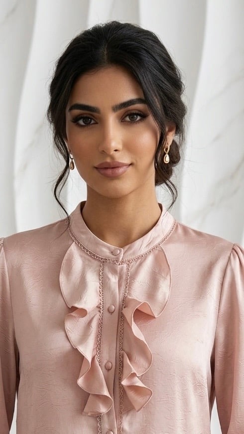 Orchid satin blouse with a formal collar and royal ruffle