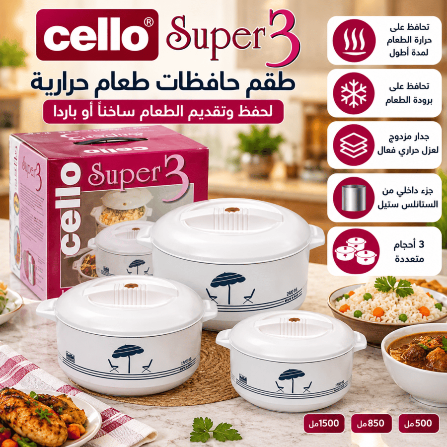 طقم حافظات طعام حرارية Cello Super 3 – عدد 3 قطع