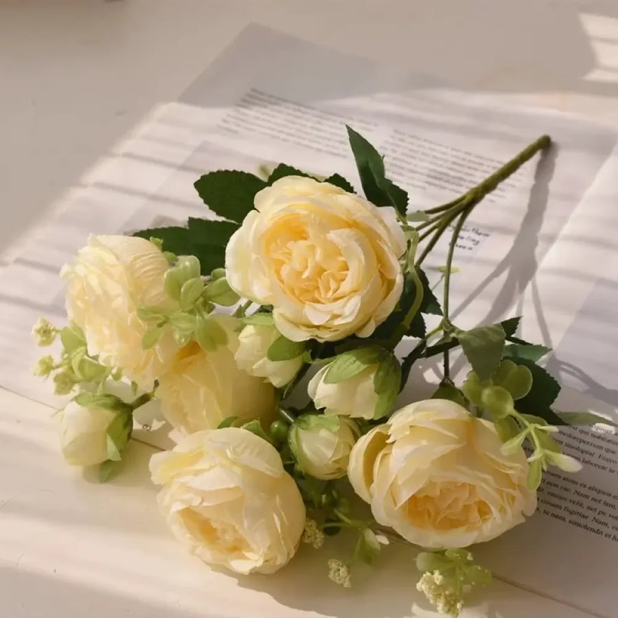 باقة 5 وردات حرير فاوانيا وردية كبيرة و4 براعم صغيرة 30 سم
