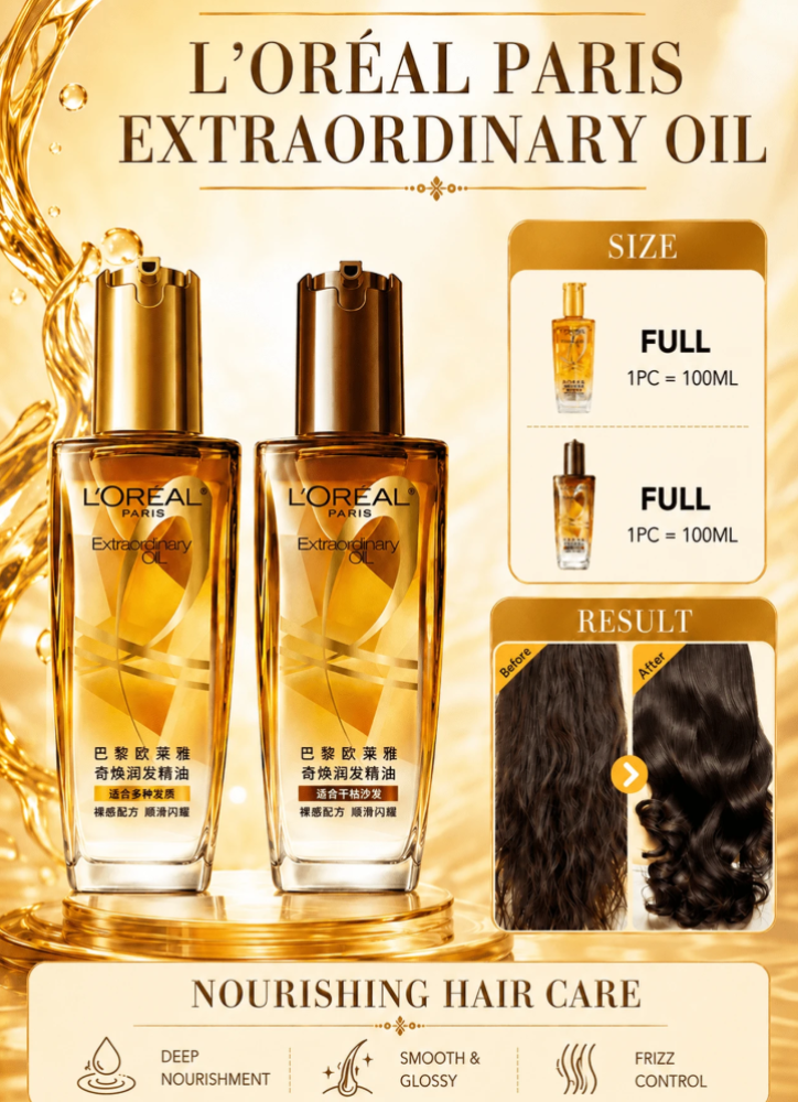 L’Oreal Paris لوريال باريس زيت استثنائي 30/50/100 مل، مغذي وناعم، يصلح الشعر التالف، يعيد لمعان ونعومة الشعر، مناسب لجميع أنواع الشعر