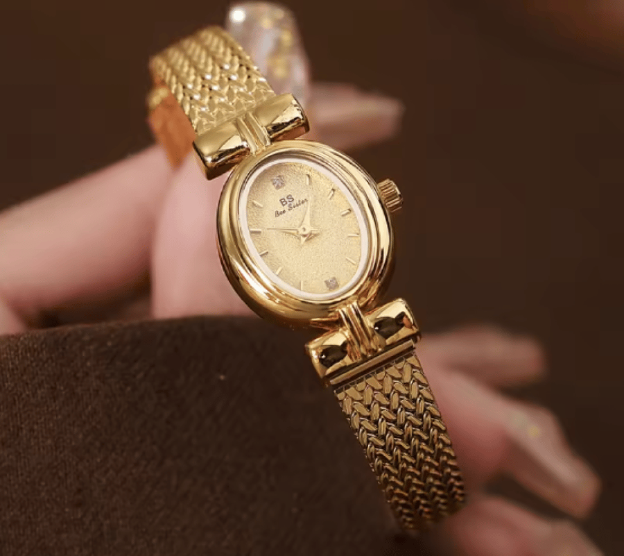 BS العلامة التجارية الأصلية ساعة للمرأة البيضاوي الذهب شبكة حزام خمر ساعة النساء