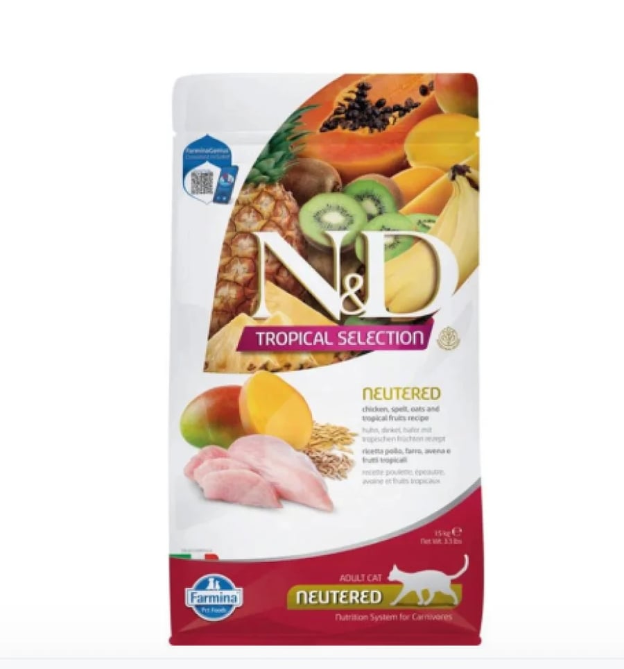 N&D فارمينا Tropical Selection دراي فود للقطط المعقمة دجاج وفواكه استوائية 300 جم