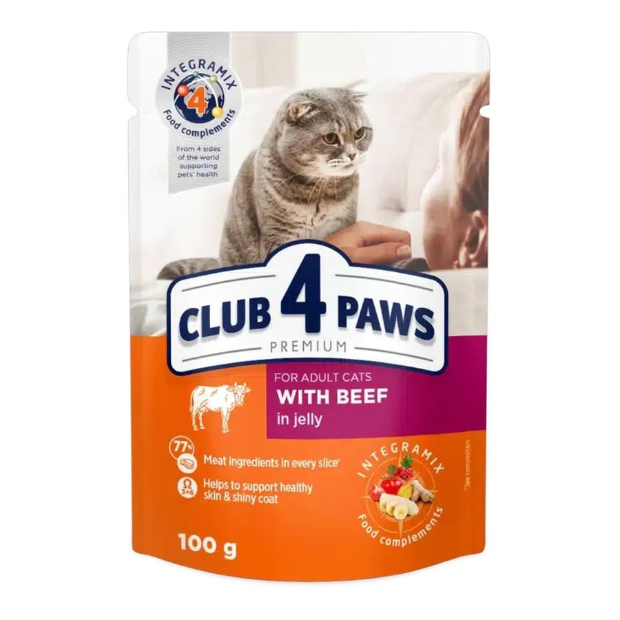 طعام للقطط البالغة باللحم البقري في الجيلي 100جم - club 4 paws