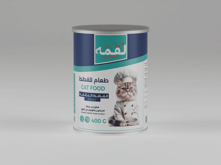 لقمه معلبات طعام رطب للقطط البالغة قطع السلمون والروبيان في المرق – علبة 400 جم