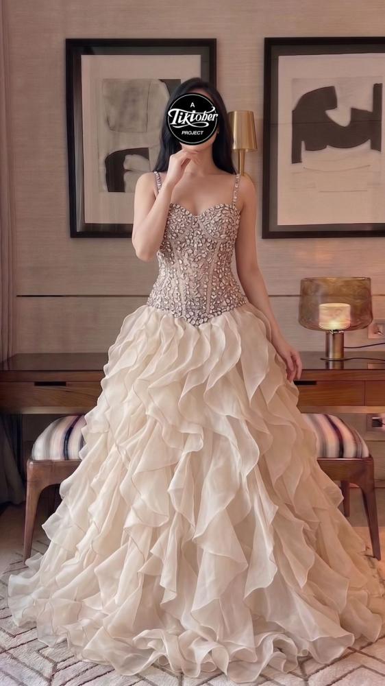 Evening dress A-line embroidered beige