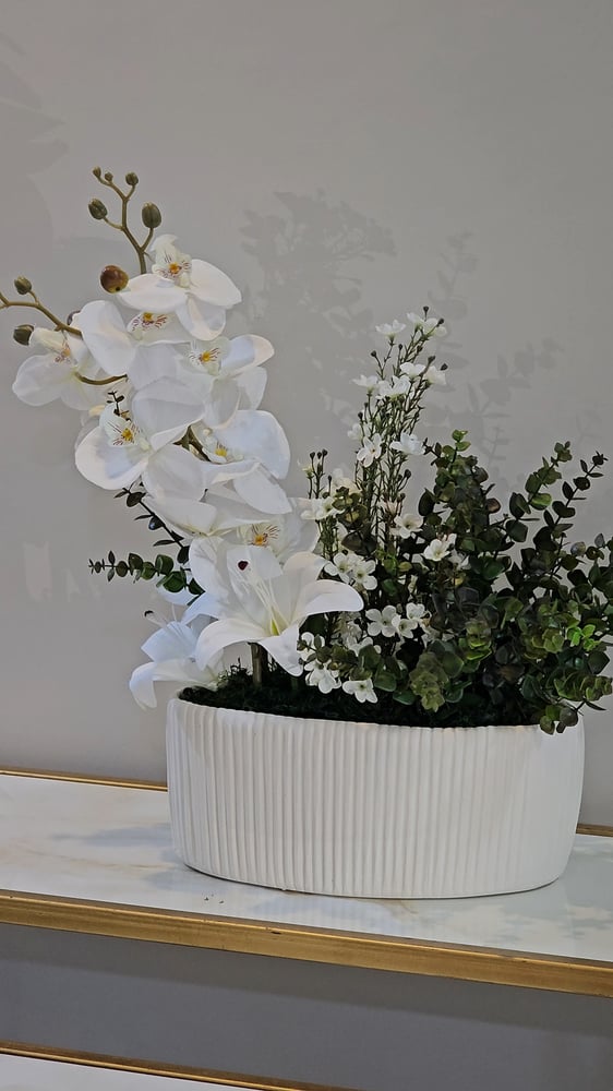 F7 white orchid and eucalyptus ceramic vase