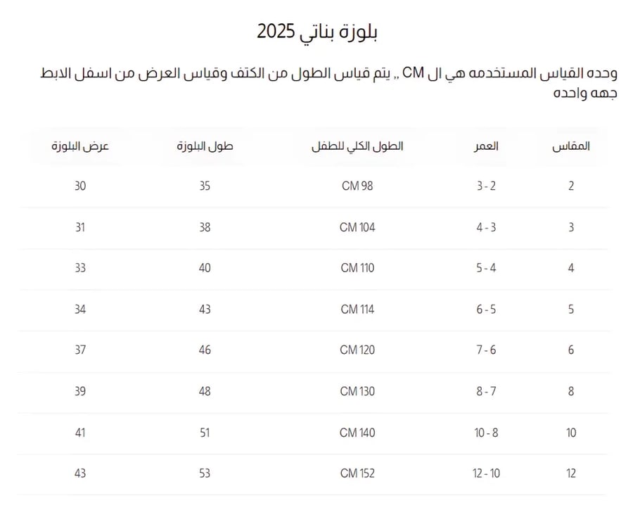 جدول قياسات بلوزة بناتي بلون تيفاني وقصه عصرية