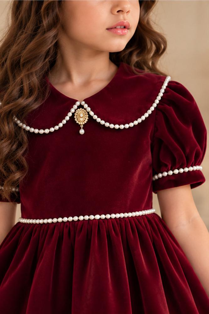 فستان بناتي سهرات مخمل عنابي