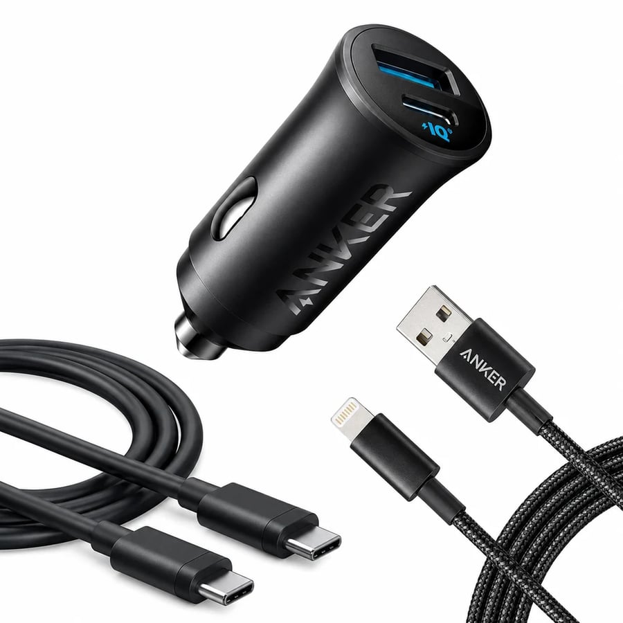 شاحن سيارة أنكر 30 واط بمنفذين USB-C وUSB-A مع كيبلين موديل B2741
