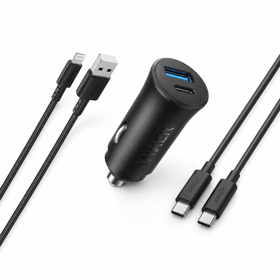 شاحن سيارة أنكر 30 واط بمنفذين USB-C وUSB-A مع كيبلين موديل B2741
