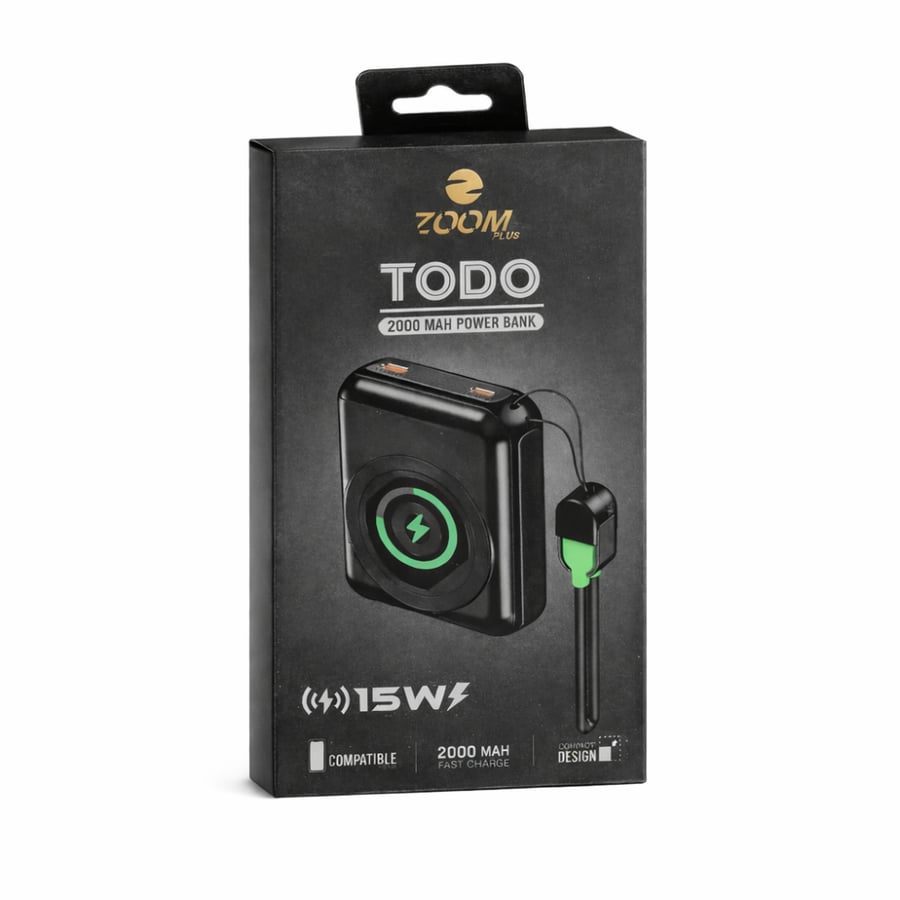 باور بنك Zoom Plus TODO 20000mAh – شحن لاسلكي 15W مع كيابل مدمجة