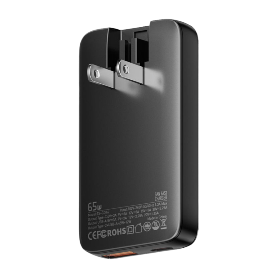 شاحن سفر JEEBEL GaN بقوة 65W بمنفذي USB-C وشحن سريع PD 3.0 - موديل JE-