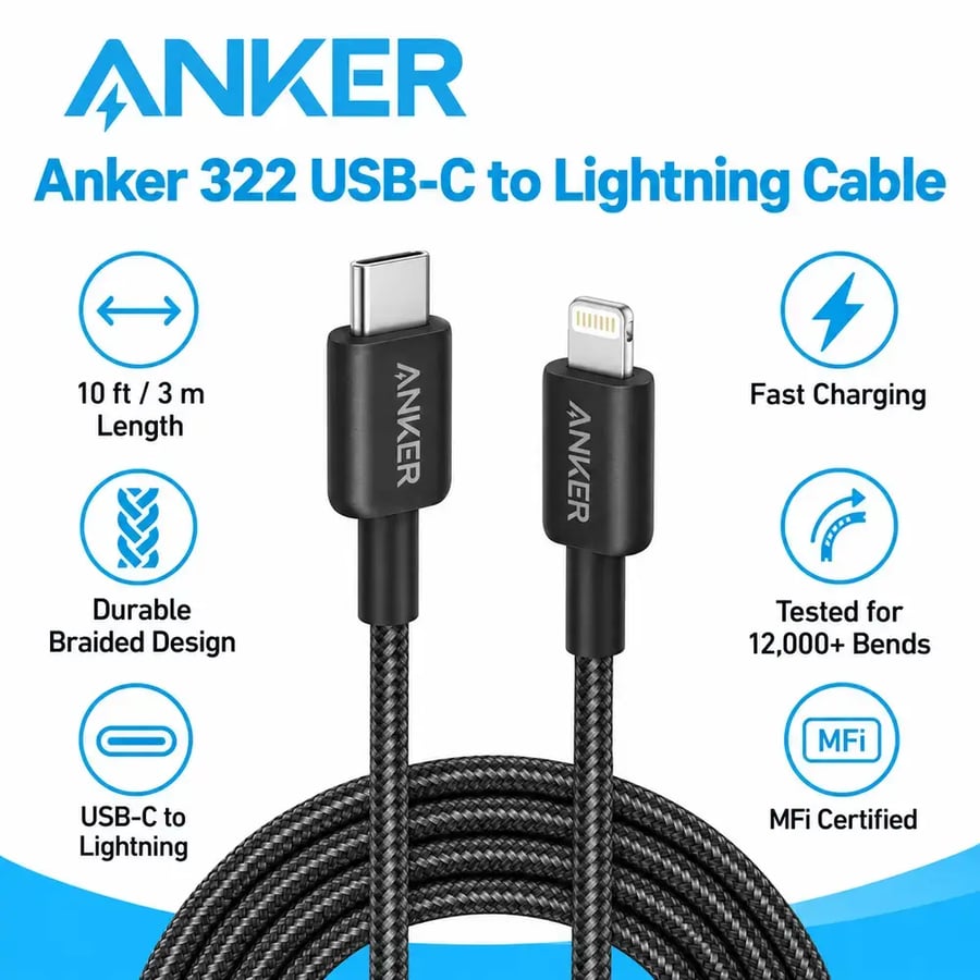 أنكر - كابل 322 USB C إلى Lightning مجدول بطول 3 أمتار مع اعتماد MFi