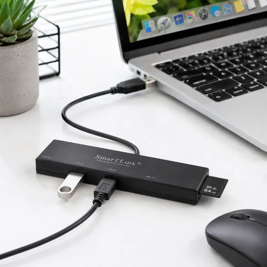 سمارت لينك - موزع USB ثلاث منافذ مع قارئ بطاقات SD وMicro SD بسرعة 5