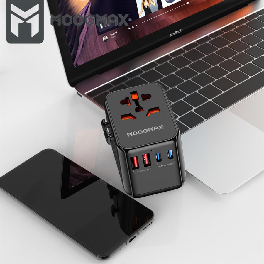 محول سفر عالمي MOOGMAX بقدرة 100 واط – منافذ متعددة USB و Type-C – MX1