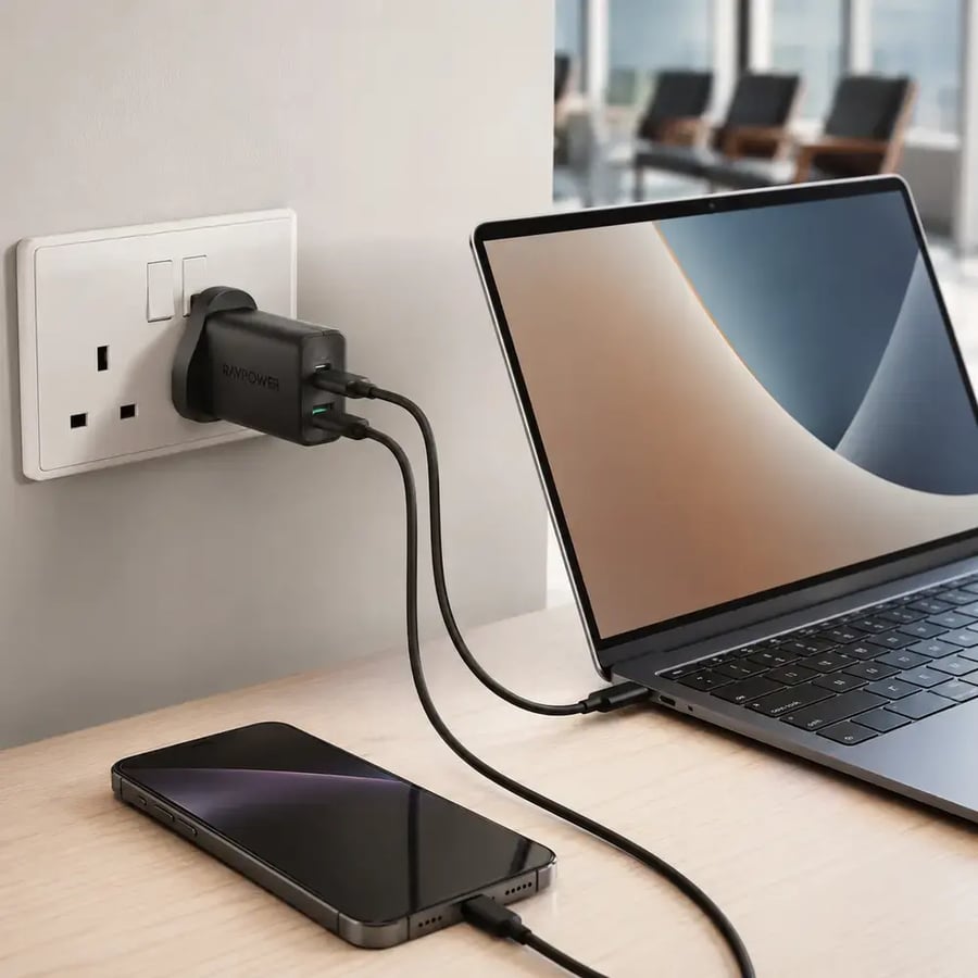 استخدام شاحن راف باور RP-PC1046 لشحن جهازين عبر Type C وUSB A