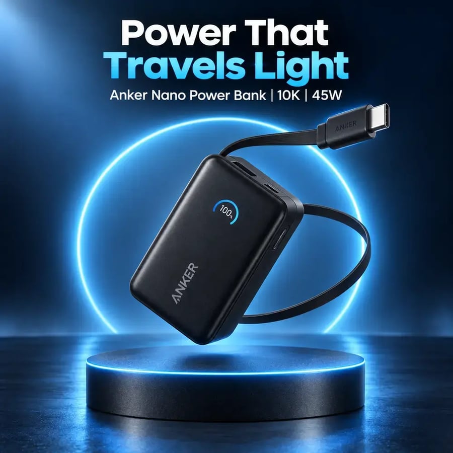 أنكر - باور بانك Nano بسعة 10000 مللي أمبير وشحن سريع 45 واط مع كابل USB C مدمج قابل للسحب - أسود