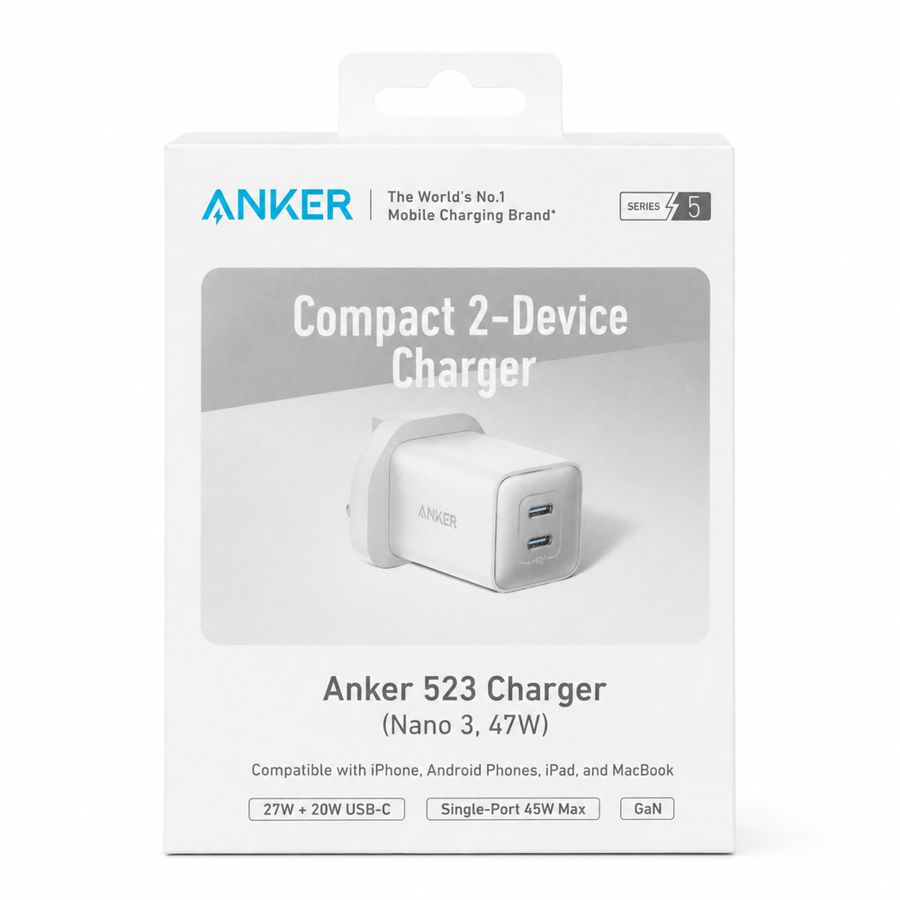 شاحن Anker 523 Nano 3 GaN بقوة 47 واط بمنفذي USB-C ابيض