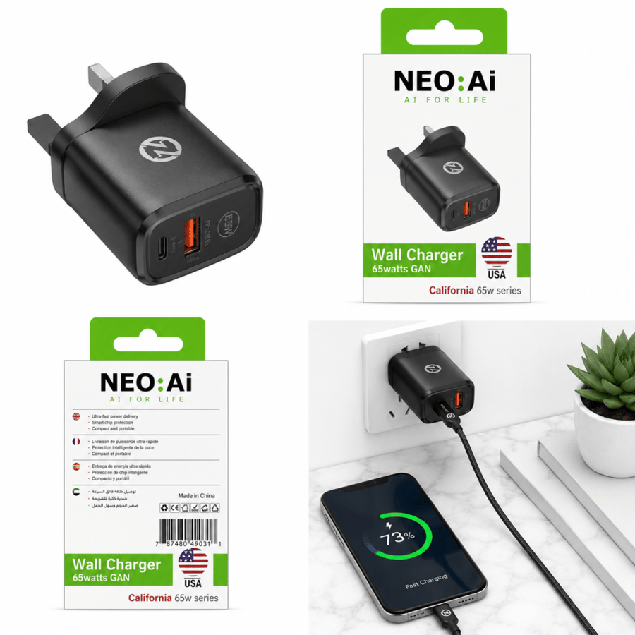 شاحن جداري NEO AI GaN بقوة 65W متعدد المنافذ - California Series