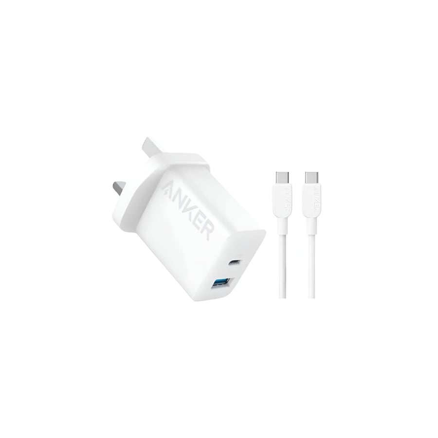 شاحن جداري Anker سريع 20 واط – منفذين USB مع كابل USB-C للشحن السريع للايفون والاندرويد | قرم