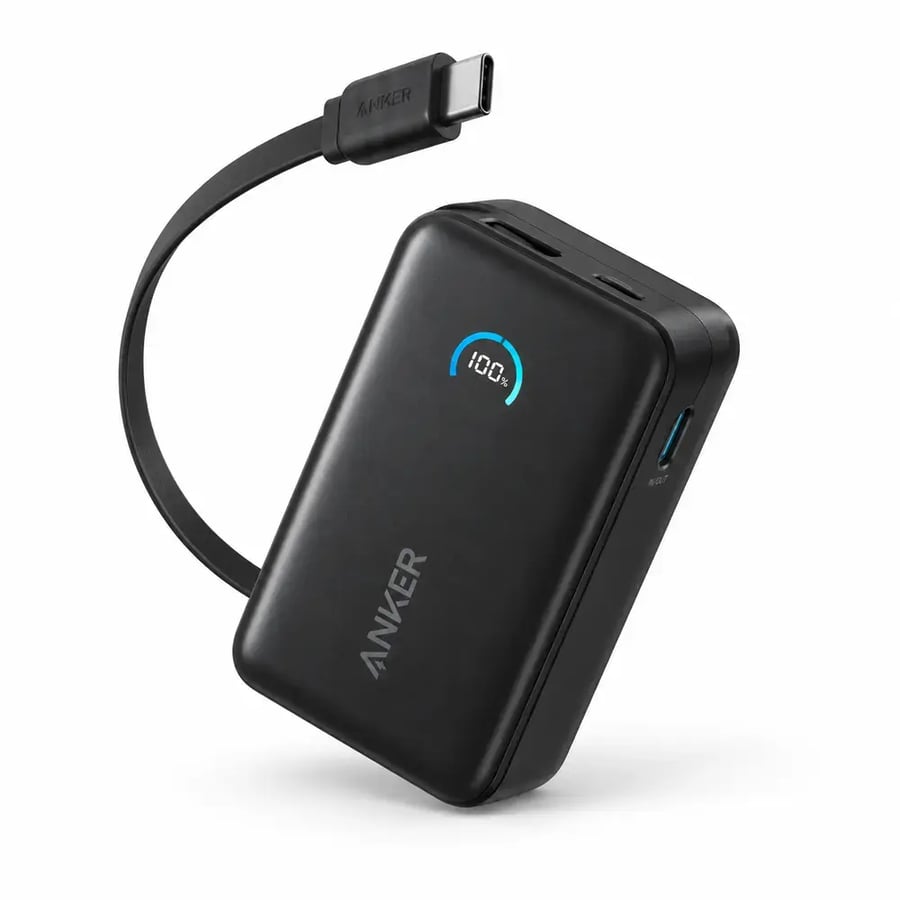 أنكر - باور بانك Nano بسعة 10000 مللي أمبير وشحن سريع 45 واط مع كابل USB C مدمج قابل للسحب - أسود