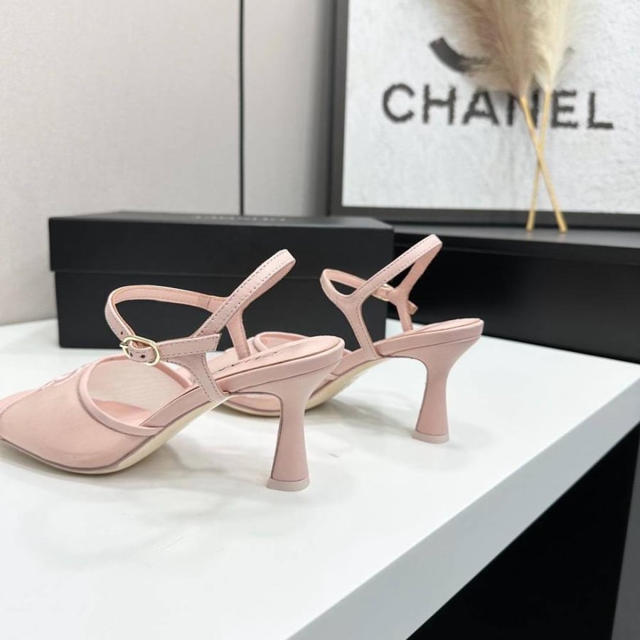 هيلز شانيل Chanel mesh embroidered peep-toe backless high-heeled sandals