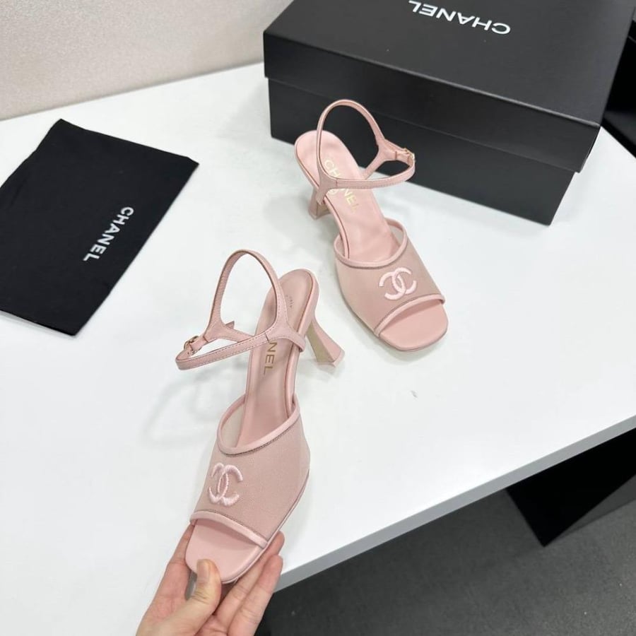 هيلز شانيل Chanel mesh embroidered peep-toe backless high-heeled sandals