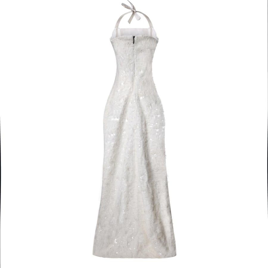 Ivory Sequin-Embroidered Halter Neck Gown with Structured Bodice and Front Panel Detailing