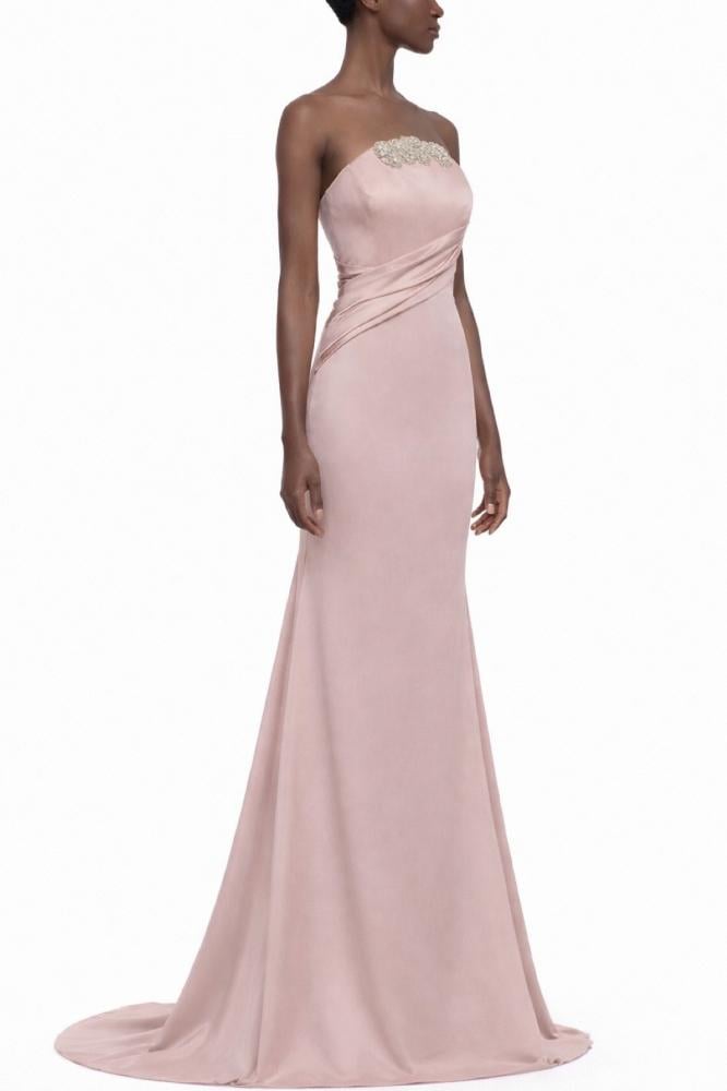Strapless Draped Bodice Gown with Crystal Floral Appliqué — Stretch Silk Taffeta