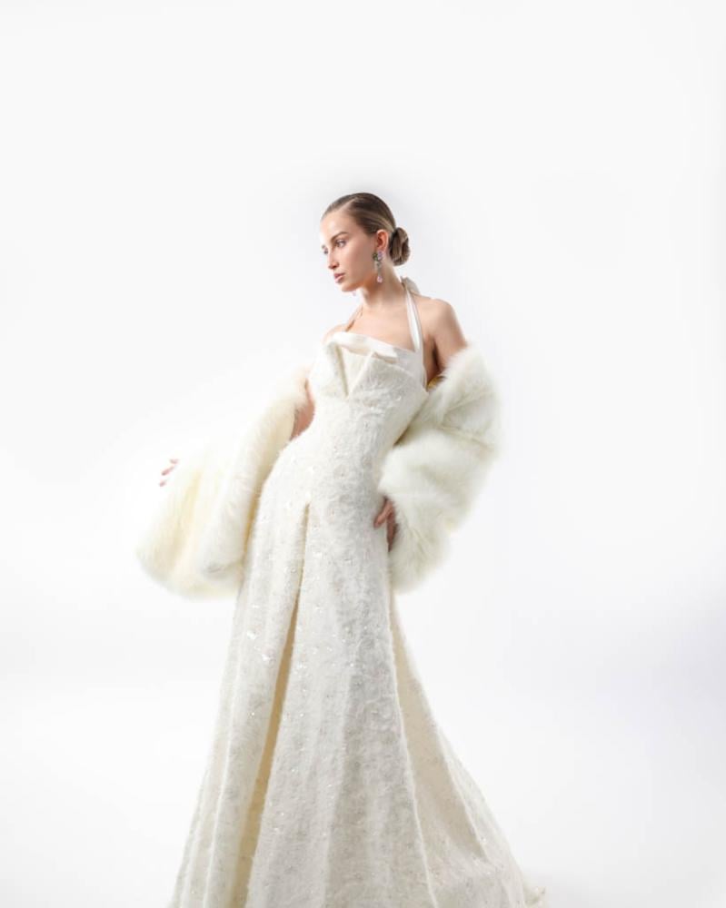 Ivory Sequin-Embroidered Halter Neck Gown with Structured Bodice and Front Panel Detailing