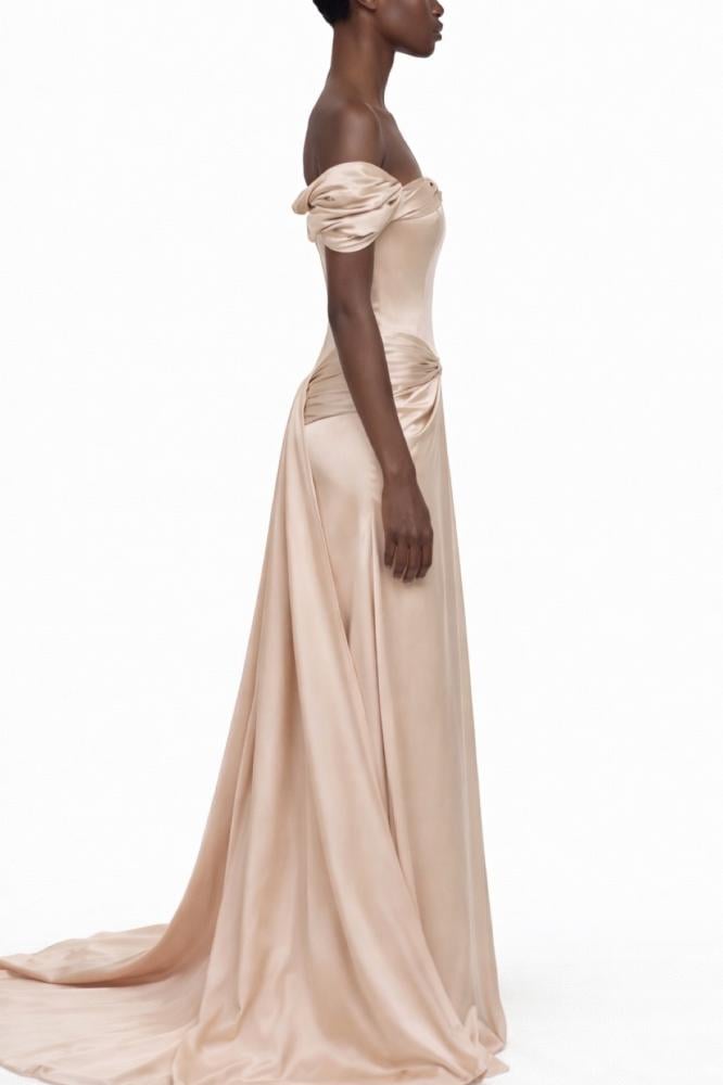 Bow-Detail Silk Crepe Bodice in Warm Nude-Beige with Central Gathered Draped Skirt