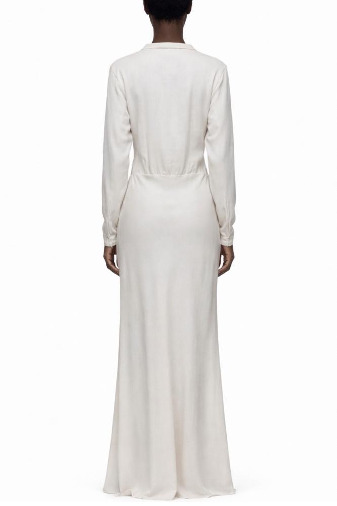 Deep V-Neck Tie-Front Gown with Soft Shawl Collar and Long Sleeves — Silk Crepe
