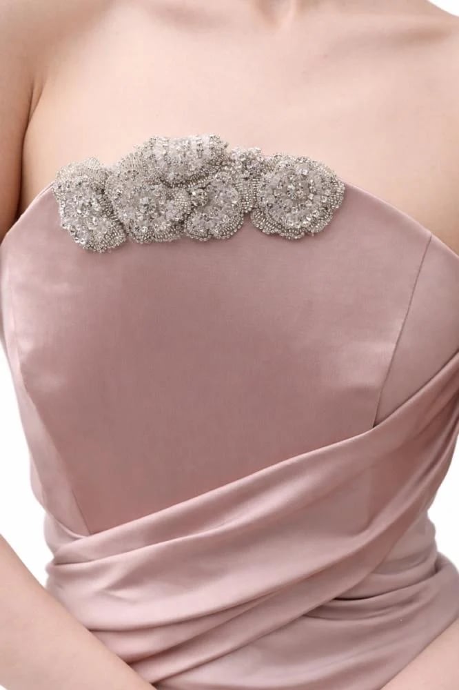 Strapless Draped Bodice Gown with Crystal Floral Appliqué — Stretch Silk Taffeta