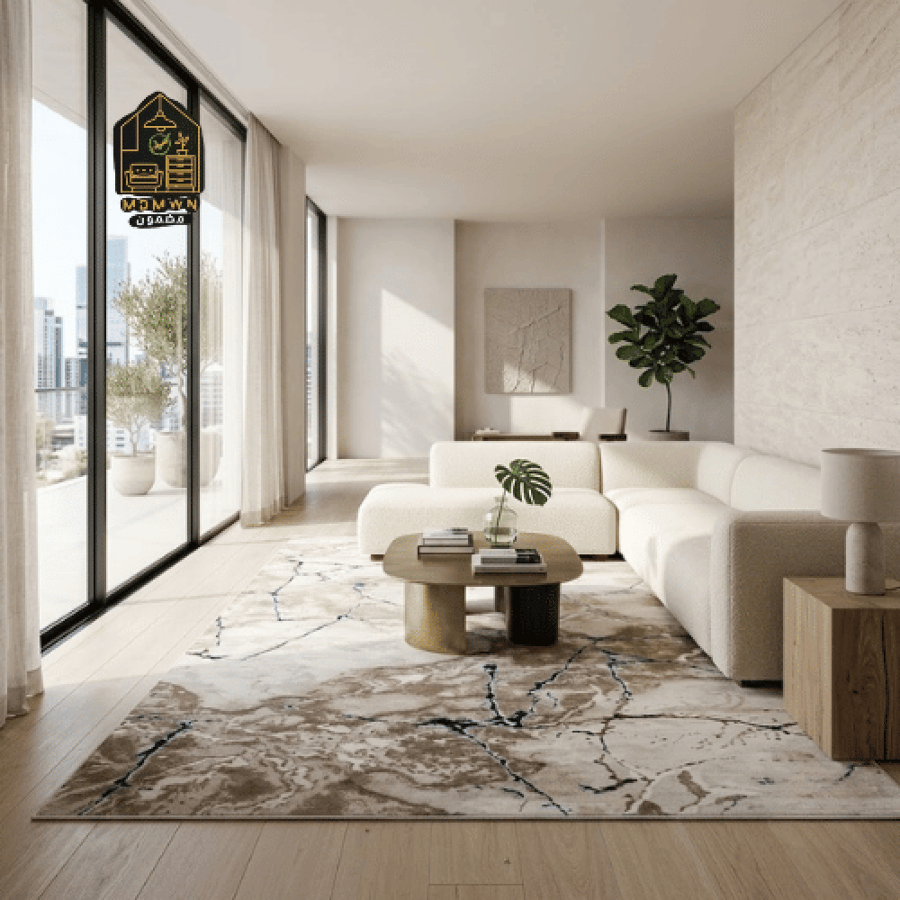 Modern design rugs with a marble effect, available in various sizes and colors.