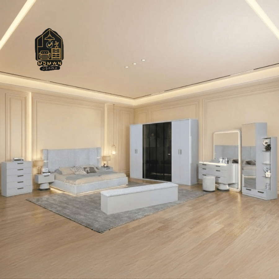 A complete modern bedroom with a luxurious design