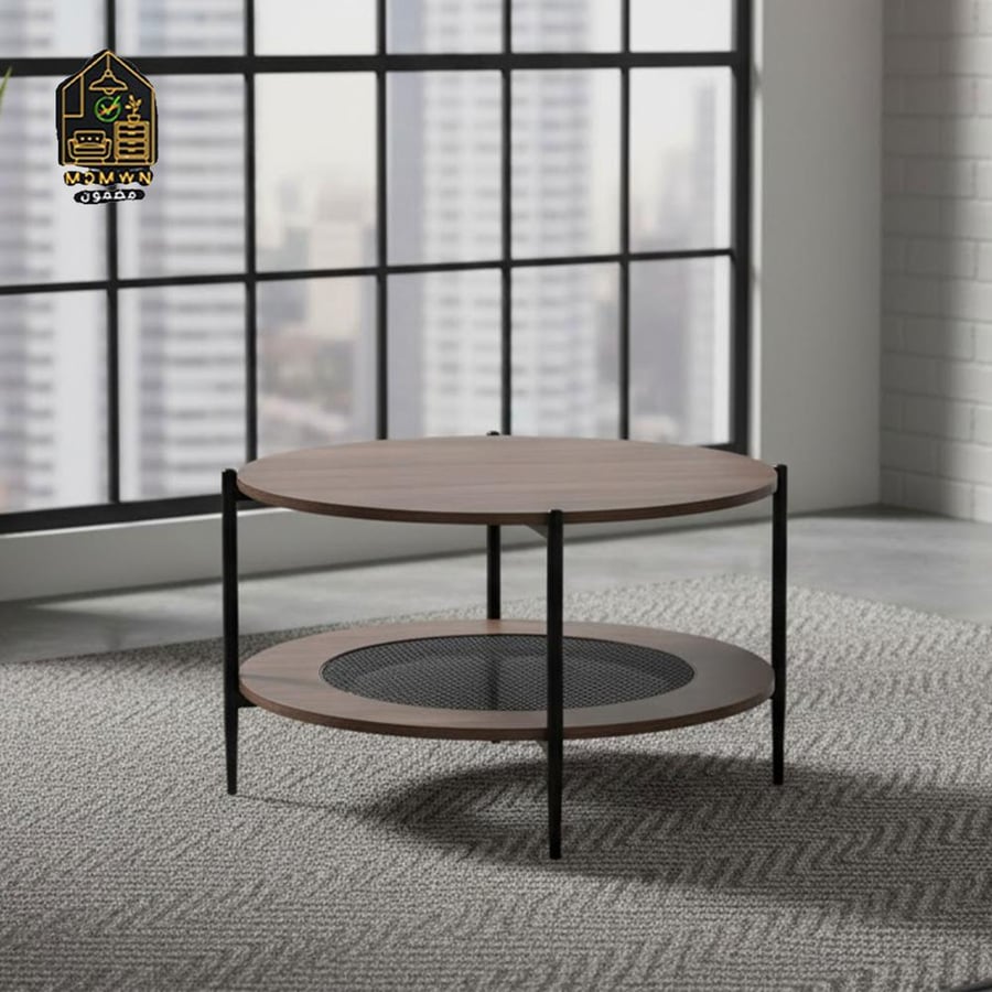 Round wooden serving table with two tiers and storage net