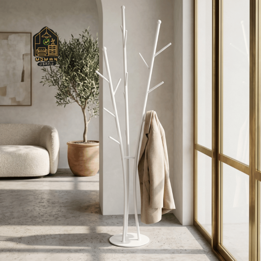 Stylish floor-standing clothes rack with multiple hooks, available in various colors.