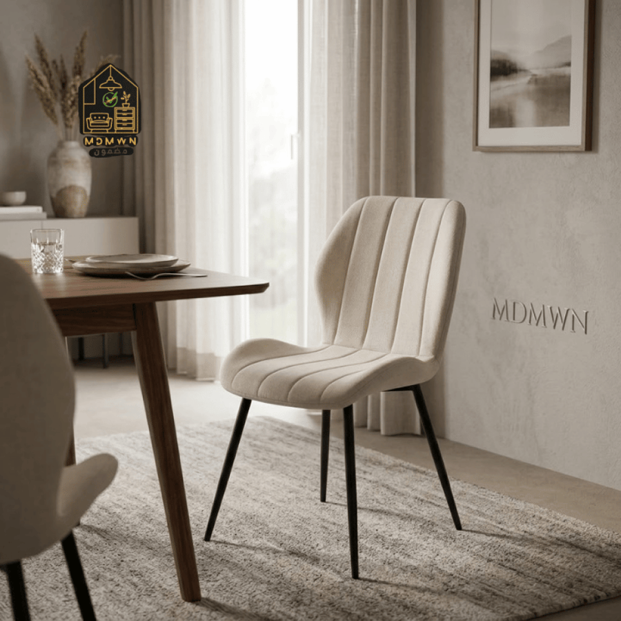 Modern dining chair with luxurious fabric, available in multiple colors.