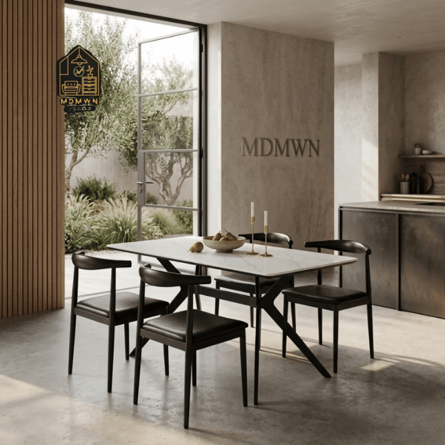 Modern dining table set with 4 chairs in a marble design