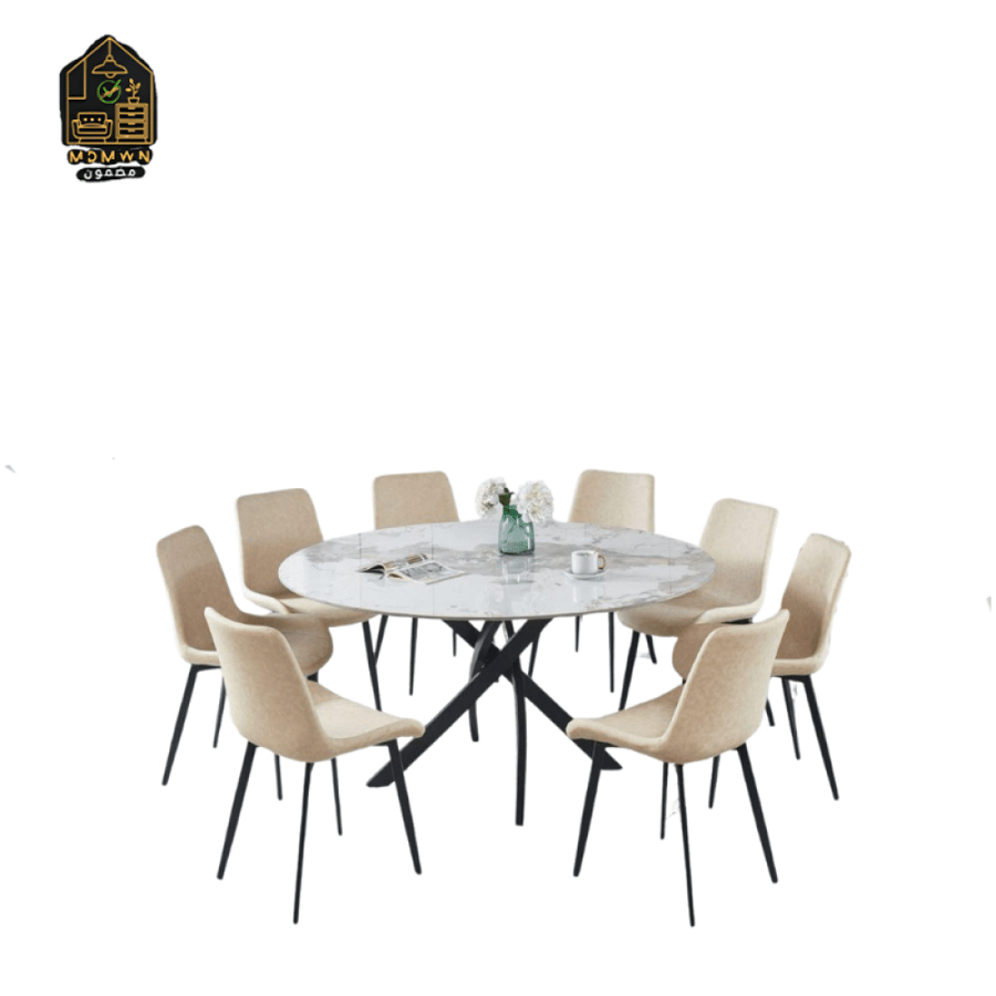 A modern dining table with chairs of various sizes.