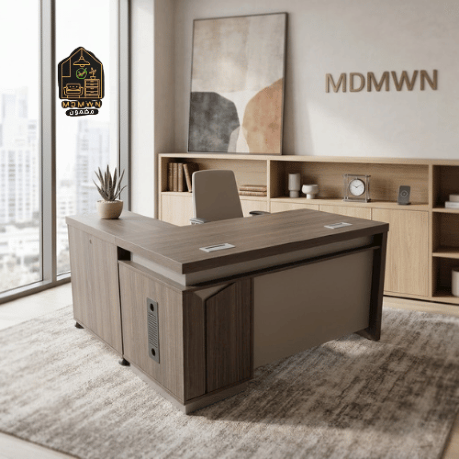مكتب إداري بتصميم حرف L مع وحدات تخزين