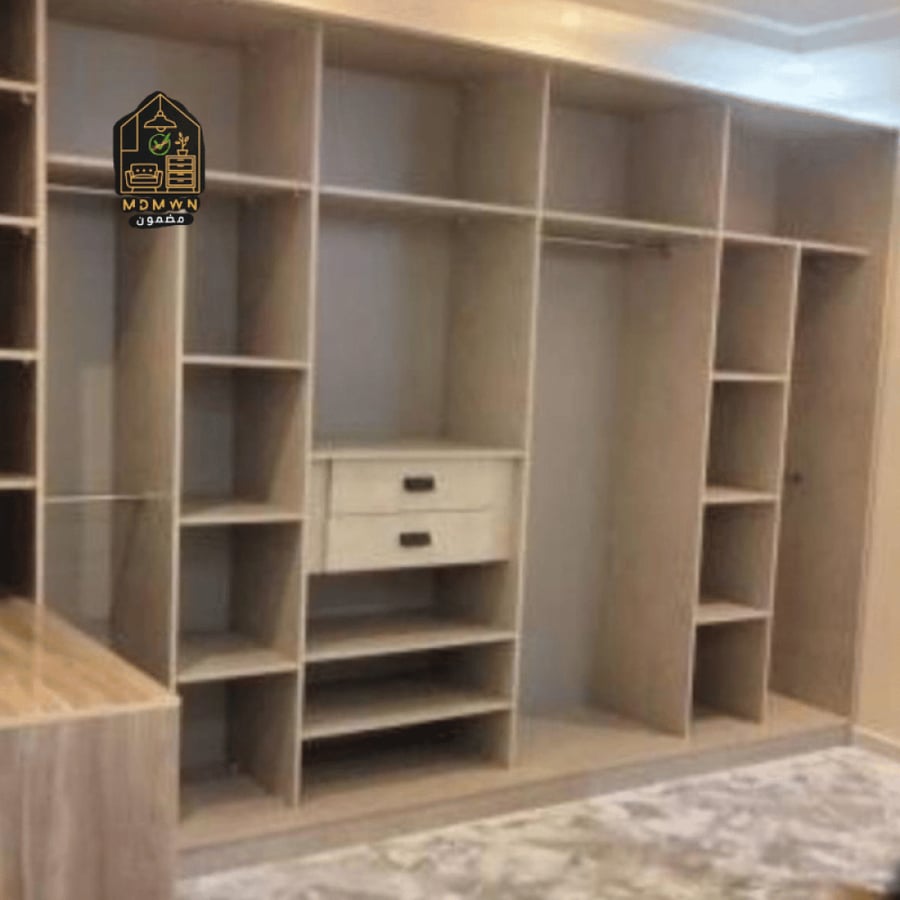 Custom made - functional open corner wardrobe with spacious shelves and drawers