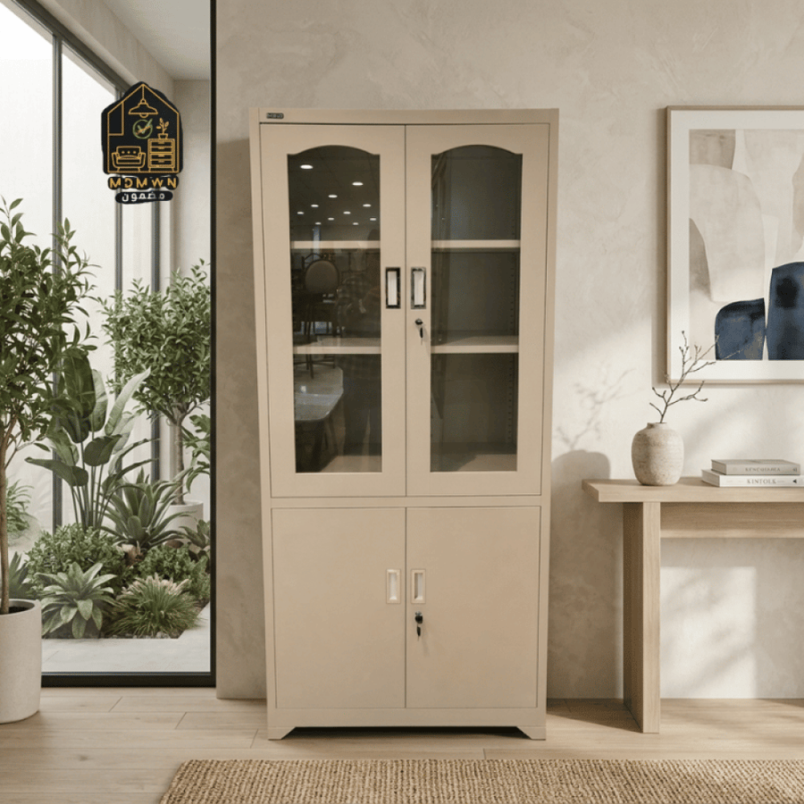 Metal filing cabinet with glass doors and security lock