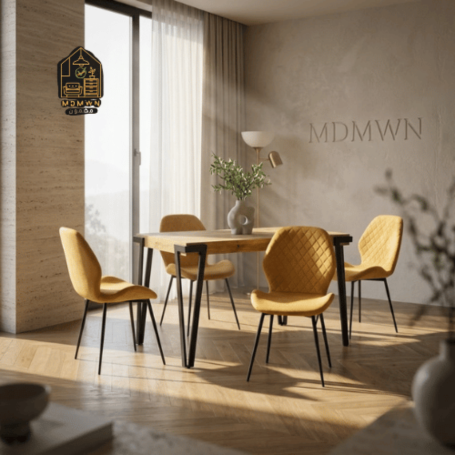 طقم طاولة طعام مودرن مع 4 كراسي – تصميم خشبي ومخمل أصفر