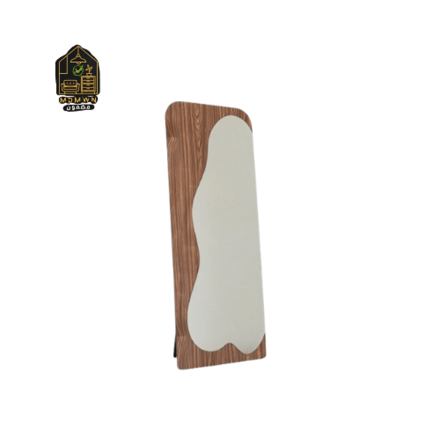 Standing mirror with brown wooden frame and wave design