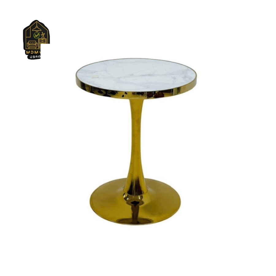 Luxury round glass table with a shiny gold frame and base - white marble top