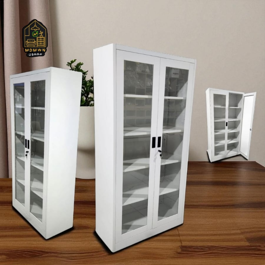 Metal display cabinet with glass doors