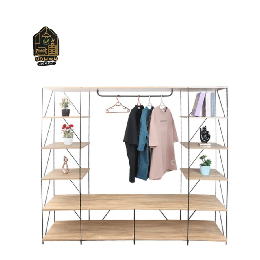 Storage unit and clothes hanging stand with two-tone side shelves