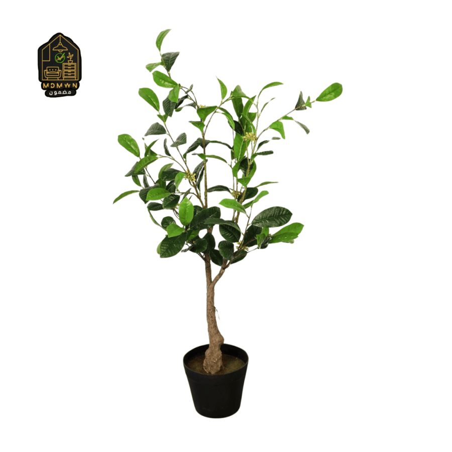 Artificial decorative tree with brown trunk, green leaves and yellow flowers - in a black pot